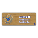 Compass Rose on Scout name tag. Compass image in Blue and White ink with Scouting America Fleur-De-Lis on Cherry Wood