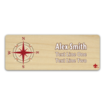 Compass Rose on Scout name tag. Compass image in Red and White ink with Scouting America Fleur-De-Lis on Light Maple Wood