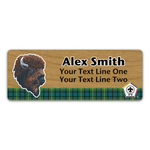 Wood Badge Name Tag with Wood Badge Realistic Buffalo Critter on strip of Tartan design with Wood Badge Logo - Cherry Wood