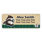 Wood Badge Name Tag with Wood Badge Realistic Bobwhite Critter on strip of Tartan design with Wood Badge Logo - Light Maple Wood