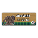 Wood Badge Name Tag with Wood Badge Tough Beaver Critter on strip of Tartan design with Wood Badge Logo - Cherry Wood