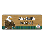 Wood Badge Name Tag with Wood Badge Tough Eagle Critter on strip of Tartan design with Wood Badge Logo - Cherry Wood