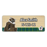 Wood Badge Name Tag with Wood Badge Tough Owl Critter on strip of Tartan design with Wood Badge Logo - Light Maple Wood