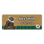 Wood Badge Name Tag with Wood Badge Tough Owl Critter on strip of Tartan design with Wood Badge Logo - Cherry Wood