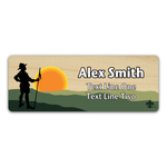 Troop Name Tag with Scouting America fleur-de-lis - Sunset with Troop Silhouette on Light Maple Wood