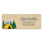 Troop Name Tag With Scouting America fleur-de-lis - Mountain with Yellow Camping Tent on Light Maple Wood