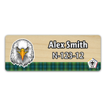 Wood Badge Name Tag with Wood Badge Eagle Critter on strip of Tartan design with Wood Badge Logo - Light Maple Wood