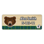 Wood Badge Name Tag with Wood Badge Bear Critter on strip of Tartan design with Wood Badge Logo - Light Maple Wood