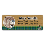 Wood Badge Name Tag with Wood Badge Realistic Beaver Critter on strip of Tartan design with Wood Badge Beads - Cherry Wood