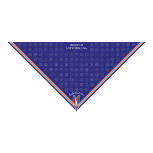 Eagle Scout Neckerchief with Embroidered Eagle Scout Medal and ribbon edge with fully sublimated merit badge background