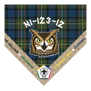Wood Badge Neckerchief with Embroidered Wood Badge Logo and Ribbon Edge with the 5 Wood Badge central themes on a Sublimated Tartan Background with Owl Critter and Course number