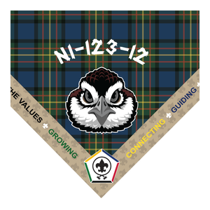 Wood Badge Neckerchief with Embroidered Wood Badge Logo and Ribbon Edge with the 5 Wood Badge central themes on a Sublimated Tartan Background with Bobwhite Critter and Course number Wood Badge Neckerchief with Embroidered Wood Badge Logo and Ribbon Edge with the 5 Wood Badge central themes on a Sublimated Tartan Background with Bobwhite Critter and Course number