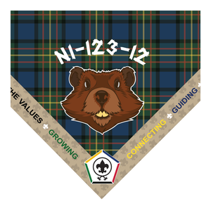 Wood Badge Neckerchief with Embroidered Wood Badge Logo and Ribbon Edge with the 5 Wood Badge central themes on a Sublimated Tartan Background with Beaver Critter and Course number Wood Badge Neckerchief with Embroidered Wood Badge Logo and Ribbon Edge with the 5 Wood Badge central themes on a Sublimated Tartan Background with Beaver Critter and Course number