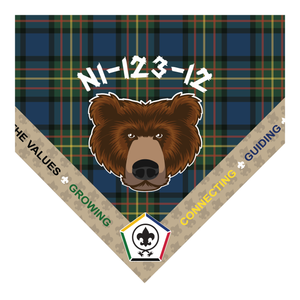 Wood Badge Neckerchief with Embroidered Wood Badge Logo and Ribbon Edge with the 5 Wood Badge central themes on a Sublimated Tartan Background with Bear Critter and Course number