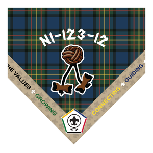 Wood Badge Neckerchief with Embroidered Wood Badge Logo and Ribbon Edge with the 5 Wood Badge central themes on a Sublimated Tartan Background with Toggle & Two Beads and Course number Wood Badge Neckerchief with Embroidered Wood Badge Logo and Ribbon Edge with the 5 Wood Badge central themes on a Sublimated Tartan Background with Toggle & Two Beads and Course number
