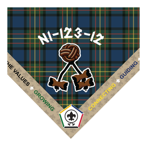 Wood Badge Neckerchief with Embroidered Wood Badge Logo and Ribbon Edge with the 5 Wood Badge central themes on a Sublimated Tartan Background with Toggle & Three Beads and Course number
