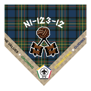Wood Badge Neckerchief with Embroidered Wood Badge Logo and Ribbon Edge with the 5 Wood Badge central themes on a Sublimated Tartan Background with Toggle & Four Beads and Course number Wood Badge Neckerchief with Embroidered Wood Badge Logo and Ribbon Edge with the 5 Wood Badge central themes on a Sublimated Tartan Background with Toggle & Four Beads and Course number