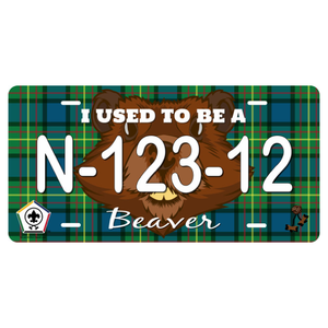 Wood Badge License Plate with Wood Badge Tartan Background, Wood Badge Logo, Wood Badge Beaver Critter and Wood Badge Course Number