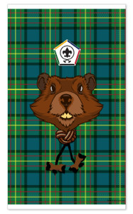Wood Badge Neck Gaiter with Wood Badge Beaver Critter with Wood Badge Beads on Wood Badge Tartan Pattern Neck Gaiter 