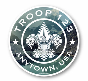Troop Sticker Pack with Mountain Lake Circle Design & Scouting America logo - 8 pack
