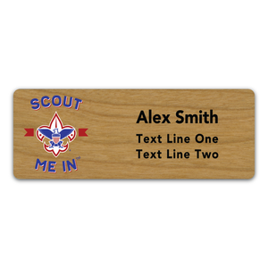 Scouts BSA Troop Name Tag with Scout Me In Logo on Cherry Wood