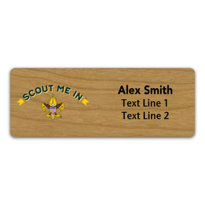 Scouts BSA Troop Name Tag with Scout Me In Logo - Cherry Wood