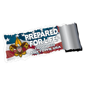 Troop Sticker Pack with Prepared for Life Flag Design & Scouting America logo - 8 pack