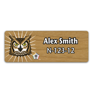 Wood Badge Name Tag with Wood Badge Owl Critter and Wood Badge Logo - Cherry Wood
