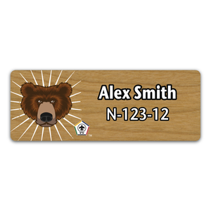 Wood Badge Name Tag with Wood Badge Bear Critter and Wood Badge Logo - Cherry Wood