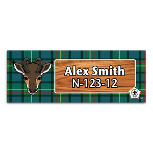 Wood Badge Name Tag with Wood Badge Antelope Critter on Wood Badge Tartan Background and Wood Badge Logo Wood Badge Name Tag with Wood Badge Antelope Critter on Wood Badge Tartan Background and Wood Badge Logo
