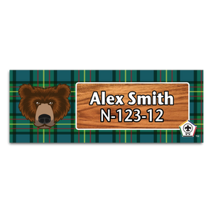 Wood Badge Name Tag with Wood Badge Bear Critter on Wood Badge Tartan Background and Wood Badge Logo Wood Badge Name Tag with Wood Badge Bear Critter on Wood Badge Tartan Background and Wood Badge Logo