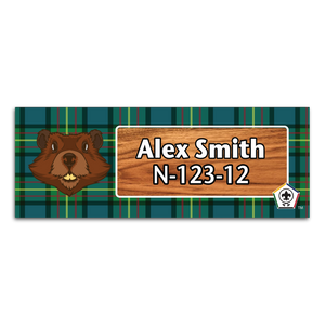 Wood Badge Name Tag with Wood Badge Beaver Critter on Wood Badge Tartan Background and Wood Badge Logo Wood Badge Name Tag with Wood Badge Beaver Critter on Wood Badge Tartan Background and Wood Badge Logo