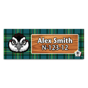 Wood Badge Name Tag with Wood Badge Bobwhite Critter on Wood Badge Tartan Background and Wood Badge Logo Wood Badge Name Tag with Wood Badge Bobwhite Critter on Wood Badge Tartan Background and Wood Badge Logo
