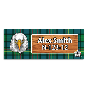 Wood Badge Name Tag with Wood Badge Eagle Critter on Wood Badge Tartan Background and Wood Badge Logo Wood Badge Name Tag with Wood Badge Eagle Critter on Wood Badge Tartan Background and Wood Badge Logo