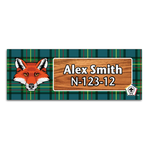 Wood Badge Name Tag with Wood Badge Fox Critter on Wood Badge Tartan Background and Wood Badge Logo Wood Badge Name Tag with Wood Badge Fox Critter on Wood Badge Tartan Background and Wood Badge Logo
