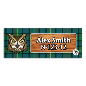 Wood Badge Name Tag with Wood Badge Owl Critter on Wood Badge Tartan Background and Wood Badge Logo Wood Badge Name Tag with Wood Badge Owl Critter on Wood Badge Tartan Background and Wood Badge Logo
