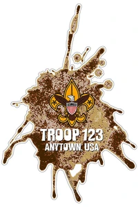 Troop Sticker Pack with Dirt Splatter design with Scouting America logo - 8 pack