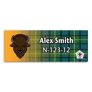 Wood Badge Name Tag with Wood Badge Buffalo Critter on Wood Badge Tartan Background with Wood Badge Logo Wood Badge Name Tag with Wood Badge Buffalo Critter on Wood Badge Tartan Background with Wood Badge Logo