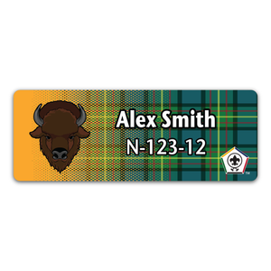 Wood Badge Name Tag with Wood Badge Buffalo Critter on Wood Badge Tartan Background with Wood Badge Logo