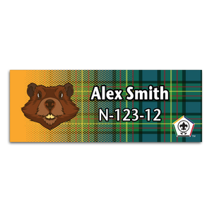 Wood Badge Name Tag with Wood Badge Beaver Critter on Wood Badge Tartan Background with Wood Badge Logo Wood Badge Name Tag with Wood Badge Beaver Critter on Wood Badge Tartan Background with Wood Badge Logo