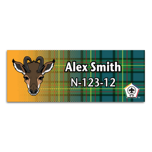 Wood Badge Name Tag with Wood Badge Antelope Critter on Wood Badge Tartan Background with Wood Badge Logo Wood Badge Name Tag with Wood Badge Antelope Critter on Wood Badge Tartan Background with Wood Badge Logo