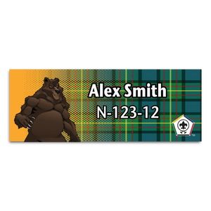 Wood Badge Name Tag with Wood Badge Bear Critter on Wood Badge Tartan Background and Wood Badge Logo Wood Badge Name Tag with Wood Badge Bear Critter on Wood Badge Tartan Background and Wood Badge Logo