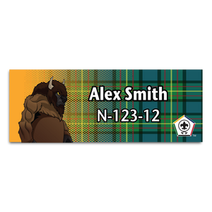 Wood Badge Name Tag with Wood Badge Buffalo Critter on Wood Badge Tartan Background and Wood Badge Logo Wood Badge Name Tag with Wood Badge Buffalo Critter on Wood Badge Tartan Background and Wood Badge Logo