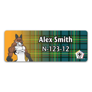 Wood Badge Name Tag with Wood Badge Fox Critter on Wood Badge Tartan Background and Wood Badge Logo