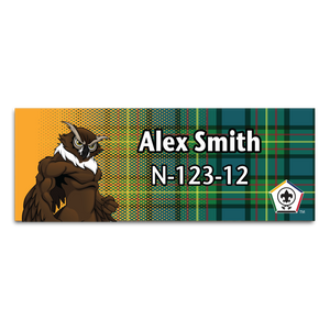 Wood Badge Name Tag with Wood Badge Owl Critter on Wood Badge Tartan Background and Wood Badge Logo Wood Badge Name Tag with Wood Badge Owl Critter on Wood Badge Tartan Background and Wood Badge Logo