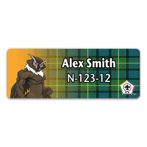 Wood Badge Name Tag with Wood Badge Owl Critter on Wood Badge Tartan Background and Wood Badge Logo