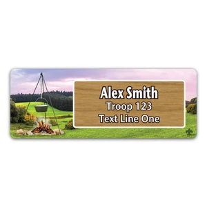 Troop Dutch Oven Name Tag with Scouting America fleur-de-lis on Cherry Wood