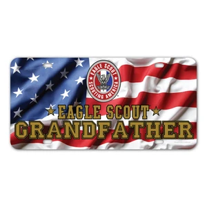 Eagle Scout Grandfather Waving American Flag License Plate with Eagle Scout Logo