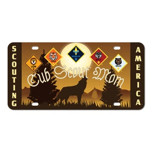 Cub Scout Pack Mom License Plate with Cub Scout Ranks and Howling Wolf design