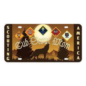 Cub Scout Pack Mom License Plate with Cub Scout Ranks and Howling Wolf design